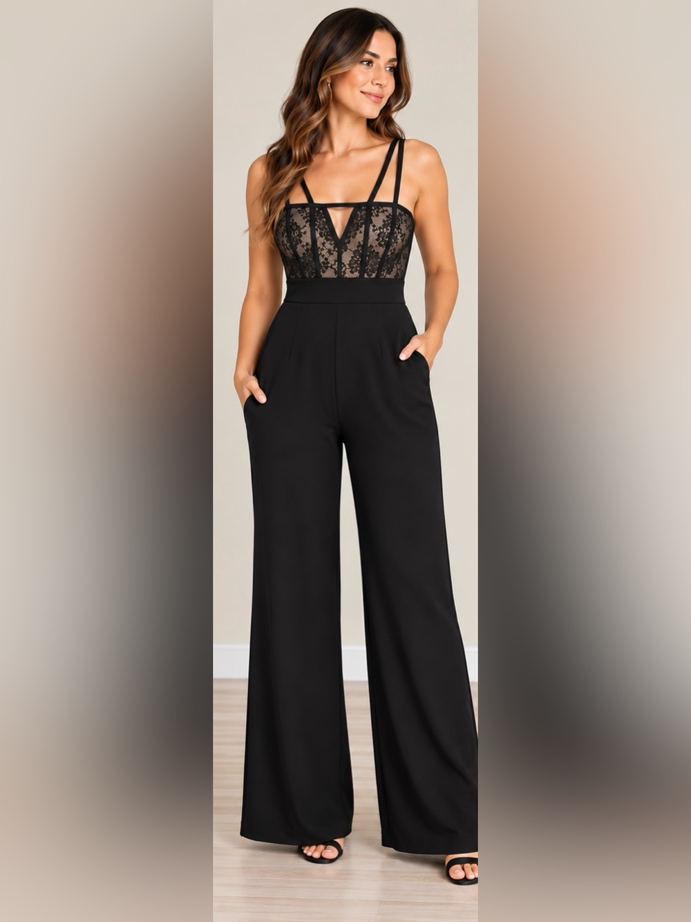 Black Lace Corset Bodice Wide Leg Jumpsuit Strappy Formal Evening